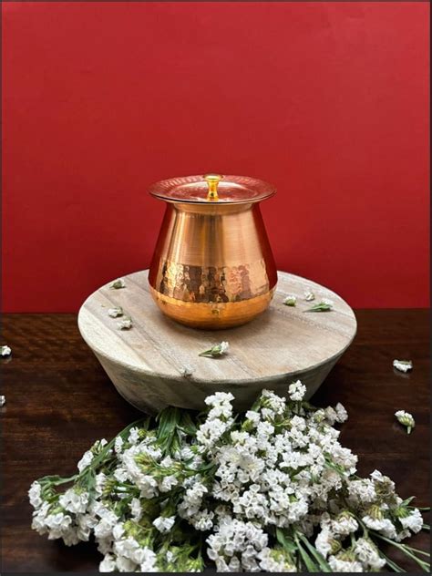 Pure Copper Pooja Lota/Kalash with Lid - Almond Lota (Round Hammering ...