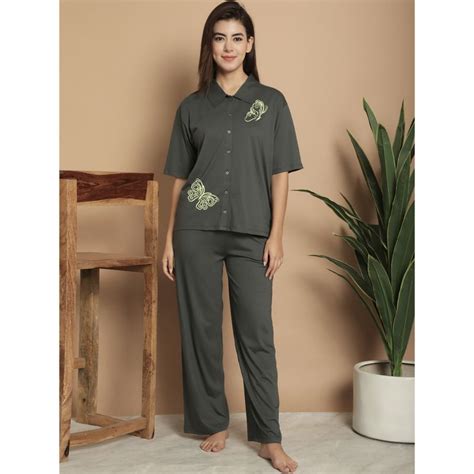 Buy Kanvin Olive Green Floral Printed Shirt Collar Night Suit (Set of 2 ...