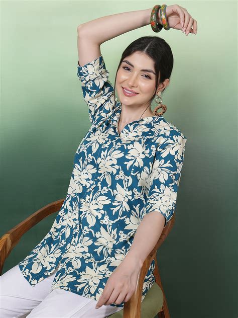 Women Blue Floral Printed Top – Anaisajaipur