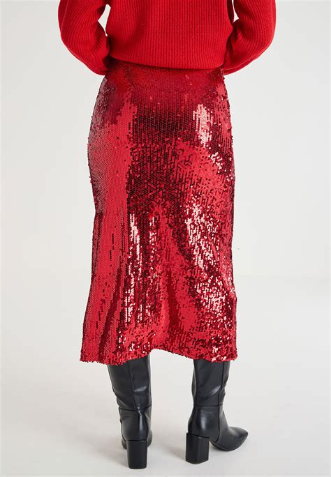 Womens Red Liquid Sequin Midi Skirt | Peacocks