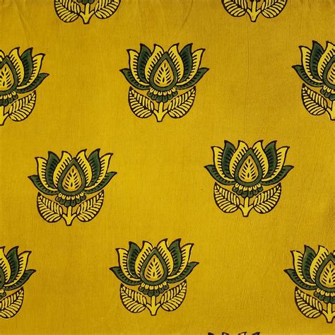 Pure Cotton Ajrak Yellow With Green Lotus Flower Motif Hand Block Prin ...