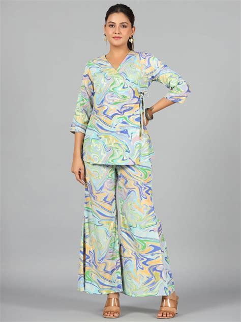 Stylish Blue Abstract Printed Kasturi Silk Tunic & Pants - Juniper Fashion