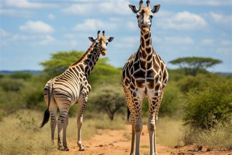 Two giraffes in the savanna of Kenya, Africa, Giraffe and Plains zebra ...