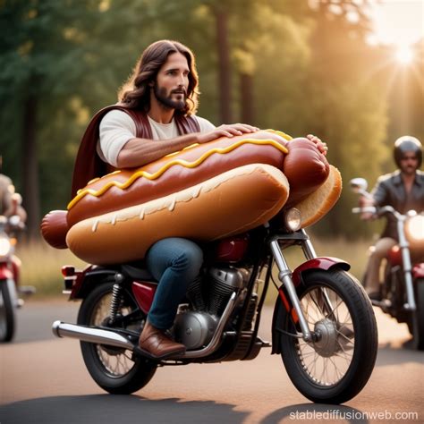Jesus Riding a Giant Hot Dog as a Motorcycle | Stable Diffusion Online