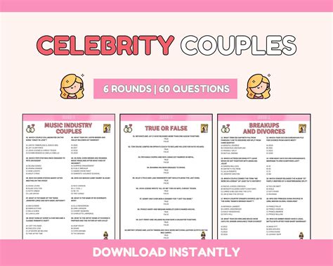 Celebrity Couples Trivia Game | Printable Famous Couples Quiz Questions ...
