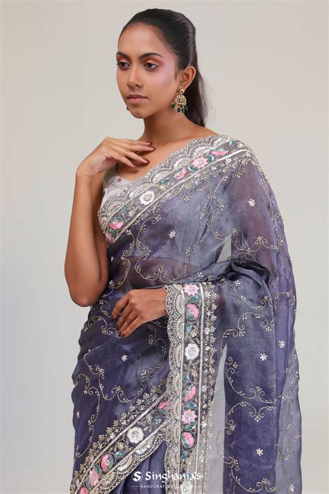 Independence Blue Crafted Jaali Tissue Saree | Singhania's