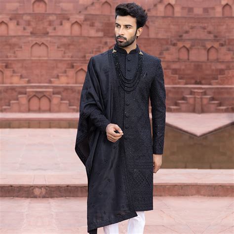Buy Charcoal Black Sherwani with Refined Detailing For Men Online ...