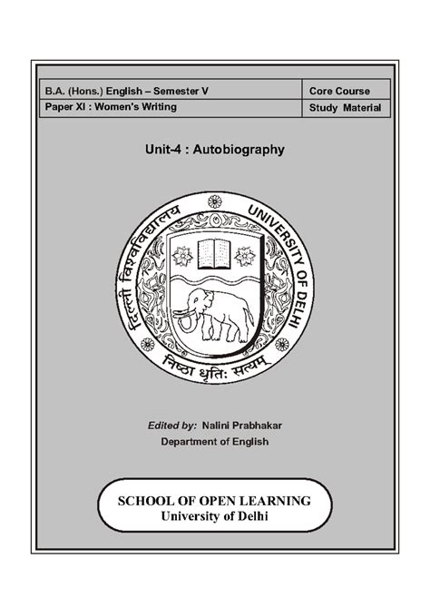 Unit 4 - Autobiography in Women's Writing - SOL Study Material - Studocu
