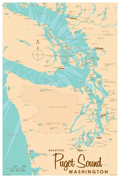 Puget Sound Map Vintage-Style Art Print by Lakebound (12" x 18 ...