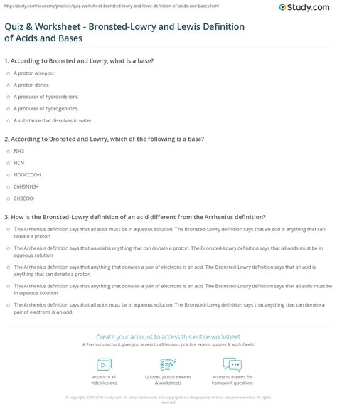 Quiz & Worksheet - Bronsted-Lowry and Lewis Definition of Acids and ...