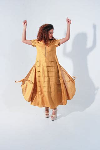 Ochre yellow maxi A-line dress with self panels and a tie-up detail at ...