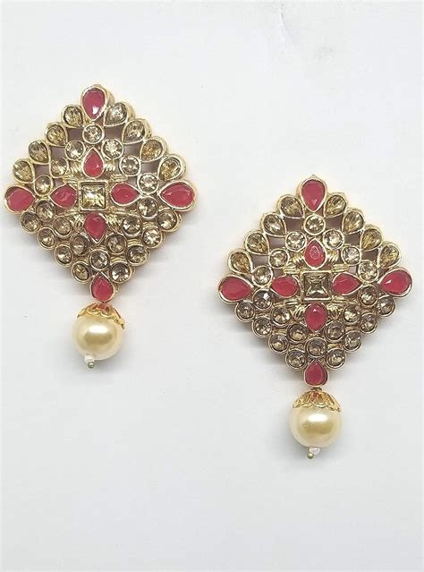 TRADITIONAL RED & GOLD STONE WORK EARRING : Amazon.in: Fashion