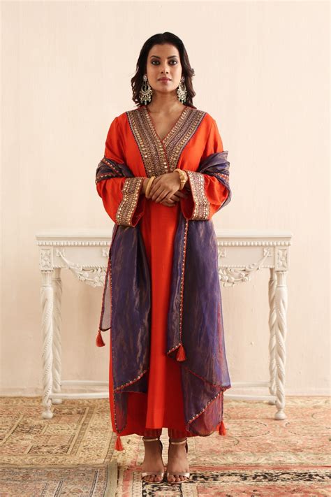 BURNT-ORANGE HAND-EMBROIDERED PURE MUGA-SILK KURTA-PANTS SET WITH ROYA