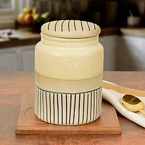 StyleMyWay Handcrafted Ceramic Striped Jar with Rustic Look and Lid ...