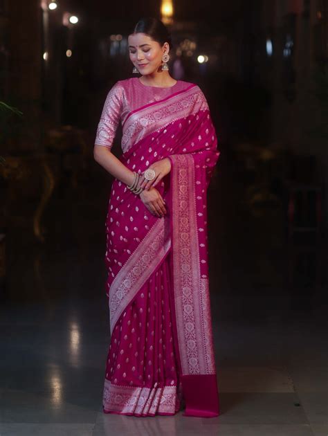 Banarasee Handwoven Semi Katan Saree With Zari Buti Design & Border-Pi