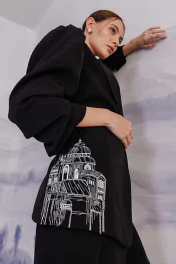Buy Black Banana Crepe Embroidered Thread Lapel Collar Puffed Sleeve ...