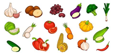 Vector vegetables icons in cartoon style. large collection of farm ...