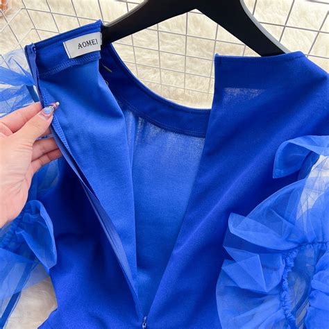 送料無料 D1697 フリル フラワー シアースリーブ 異素材ミックス プリーツ ロング ワンピース《 ブルー 》 青 ロイヤルブルー ドレス ...