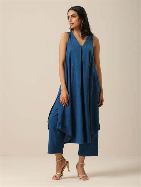 Classic Blue Slub Texture Sleeveless Flared Kurta Pant Set – trueBrowns