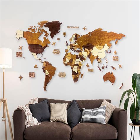 Wooden World Map, Wood Map, Wall Art Decor, Map of the World, 3D World ...
