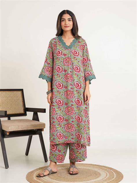Block Printed Cotton Kurta Pant Bagiya Set Green - Goodhand