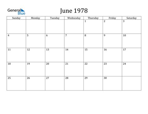 June 1978 Calendar - PDF Word Excel