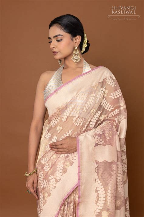 Baby Pink Handwoven Banarasi Net Tissue Silk Saree - Shivangi Kasliwal