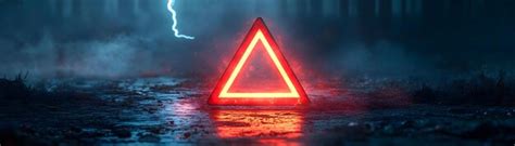 Neon triangle warning sign in dark forest illustration | Premium AI ...