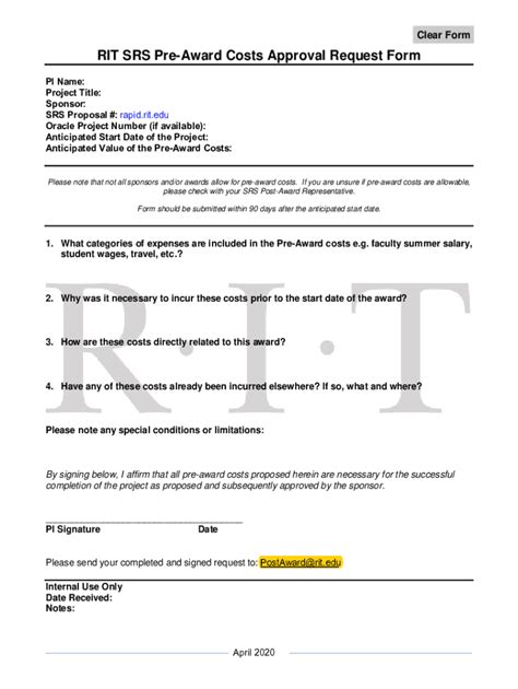 Fillable Online RIT SRS Pre-Award Costs Approval Request Form Fax Email ...