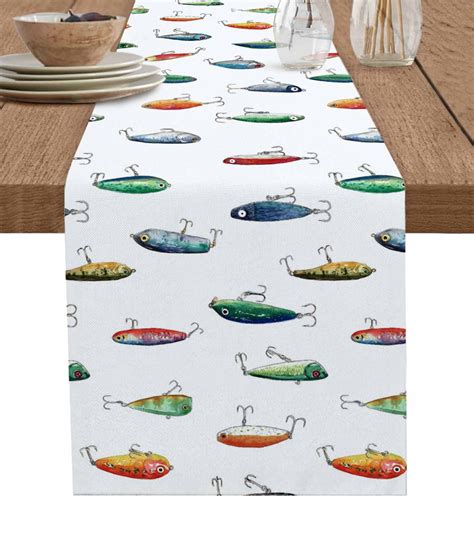 Colorful Fish Table Runner 72 Inches, Watercolor Cartoon Fishing Bed ...