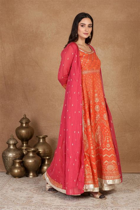 Buy Orange Ethnic Motifs Printed Anarkali Kurta with Jacket Set Online ...