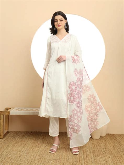 White A Line Floral Kantha Work Kurta Dupatta Pant Set – Yufta Store