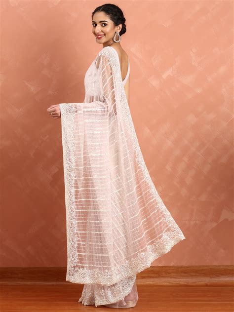 Baby pink net saree with cut Dana hand embroidery – Neerus India