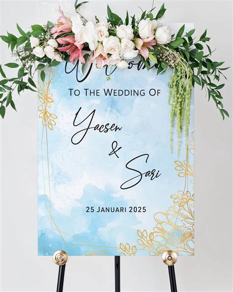 Welcome Sign Wedding Biru Langit Border Gold