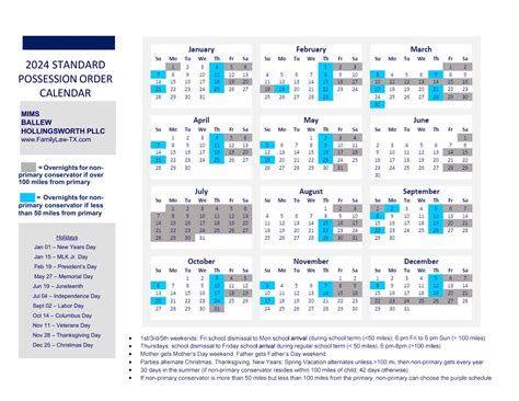 Texas Standard Possession Order & Custody Calendar