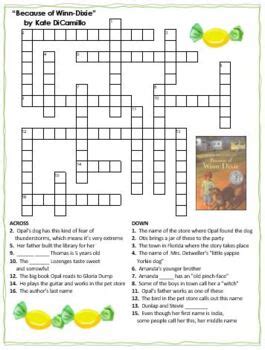 "Because of Winn-Dixie" by Kate DiCamillo Crossword Puzzle & Word ...