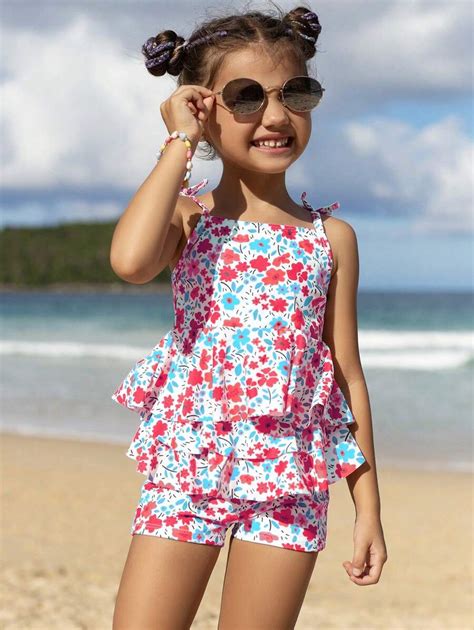 SHEIN Young Girls Flower Print Spaghetti Strap Tied-Front Top And ...