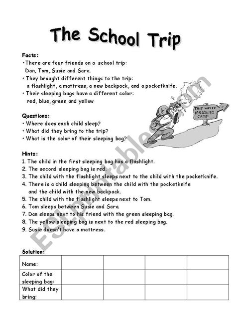 school trip theme brainteaser - easier - ESL worksheet by MarionG