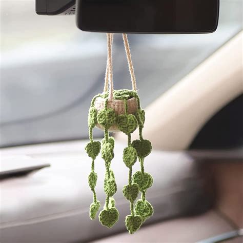 Amazon.com: 96CRVFT Cute Crochet Hanging Succulent Plant for Car, Aesthetic Decor Car Rear View ...