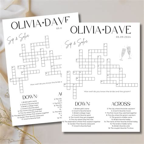 Custom Wedding Crossword Puzzle Bridal Shower Sip and Solve Questions ...