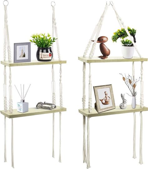 Buy AOMGD 2 Tier Macrame Hanging Shelves,Floating Shelves Wall Mounted ...