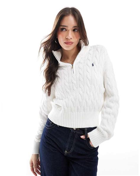 Polo Ralph Lauren Cable Knit Half Zip Jumper With Logo in White | Lyst UK