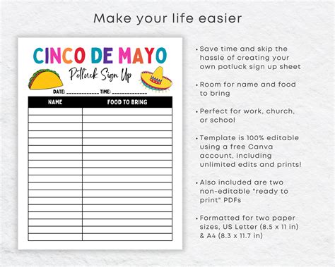 Cinco De Mayo Potluck Sign Up Sheet