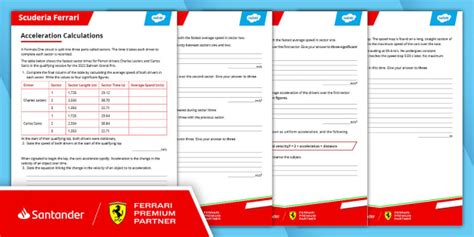 Scuderia Ferrari: Acceleration Calculations Worksheet for 6th-8th Grade