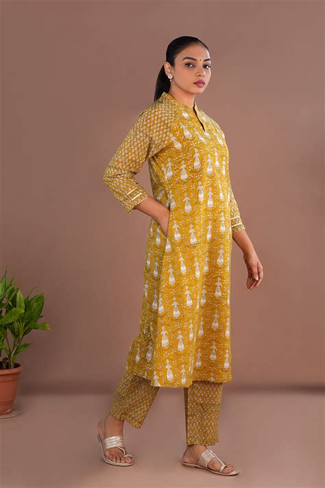 Mustard Yellow Bagru Block Printed Kurta Set – Kalanjali