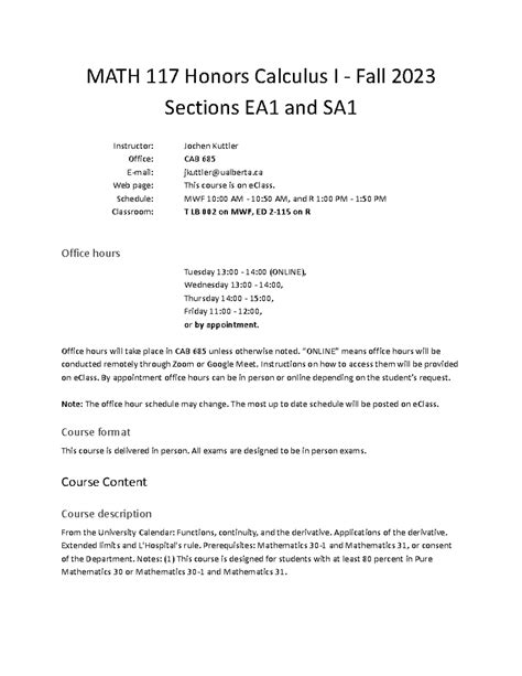 FALL2023 Syllabus - MATH 117 Honors Calculus I - Fall 2023 Sections EA1 ...