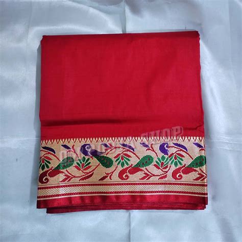 Traditional Red Dhoti with Peacock Border and Attached Matching Shawl