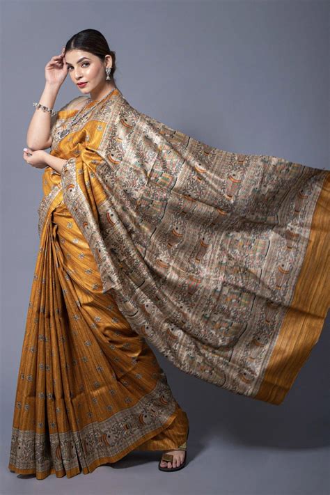 Shop Pure Tussar Silk Saree with Madhubani Print