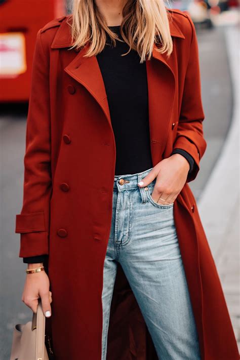 Fashion Jackson Red Trench Coat Black Top Jeans Outfit | Black top and ...