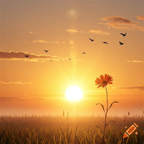 A photorealistic golden sunrise over a grassy field with a single ...